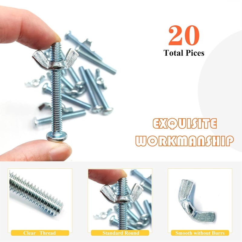 Matrelt 20Pack 1/4"-20 x2 Screw Bolts and Wing Nut Kit 10pcs Machine Screws with Round Head Phillips 10pcs Butterfly Hand Twist Tighten Nut Zinc Plated Hardware Fitting Fastenings Assortment Kit - Image 4